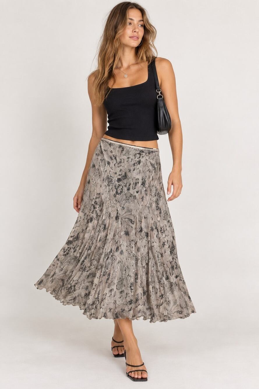 Anne Klein Y2K 100% Silk Midi Skirt L Gray Black Floral Pleated Flowy Fairycore